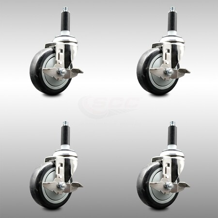 Service Caster 4 Inch 316SS Black Poly Swivel 3/4 Inch Expanding Stem Caster Set Brake SCC SCC-SS316EX20S414-PPUB-BLK-TLB-34-4
